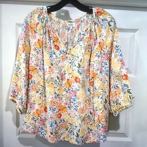Nicole Miller Yellow Multi Floral Peasant Blouse